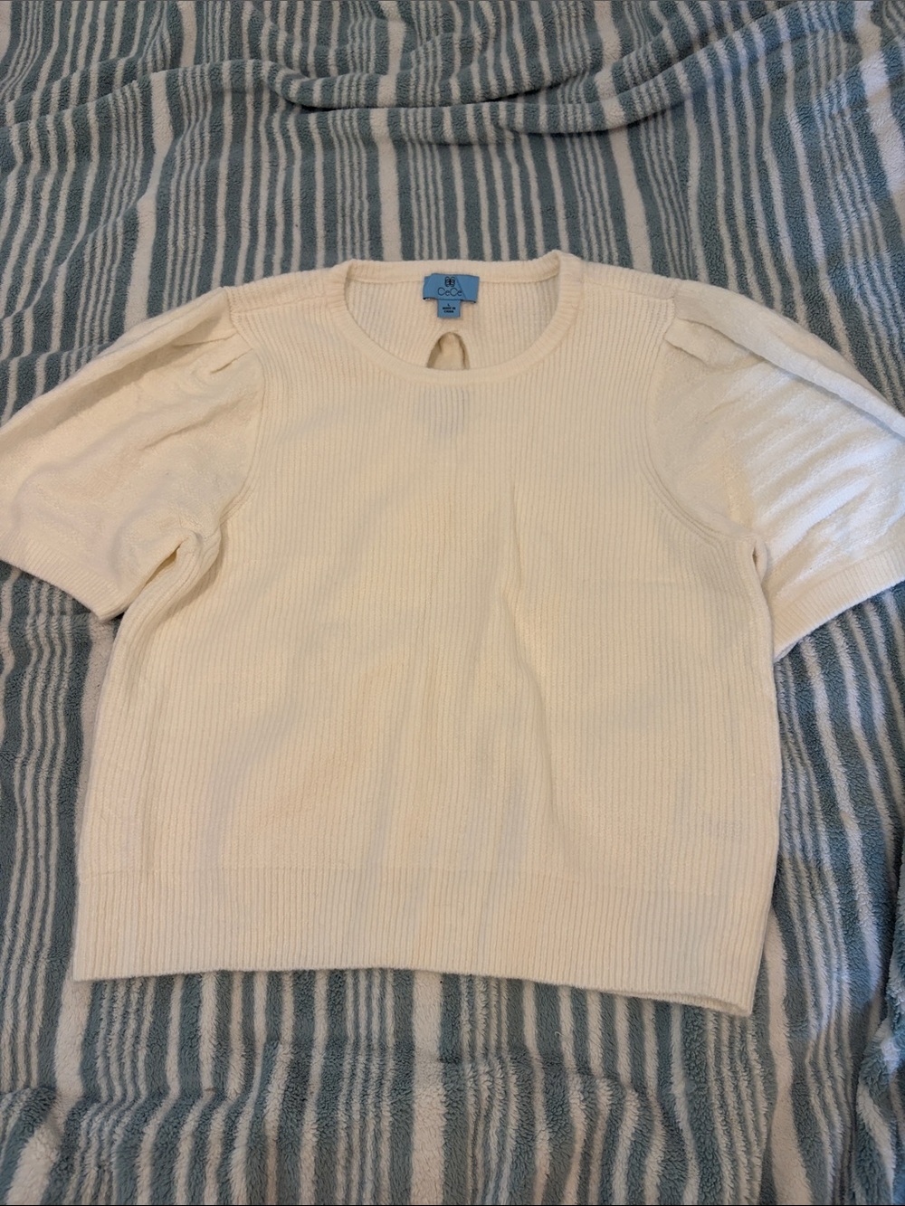 CeCe Cream Ribbed Short-Sleeve Crewneck Sweater